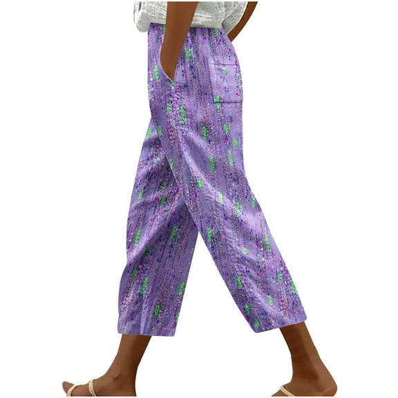 Women's Floral Printed Loose Fit Wide-Leg Pants Elastic Waist Drawstring Casual Palazzo Trousers with Pockets