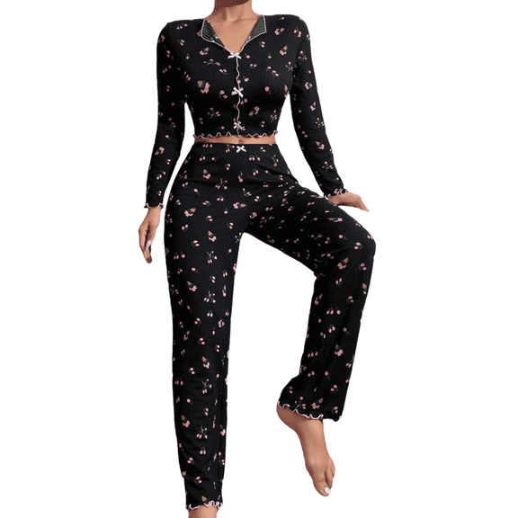 Women's Floral Printed Lounge Set Long Sleeve Pajamas Set 2 Piece Rolled Edge Sleepwear Fall Winter Loungewear Outfits