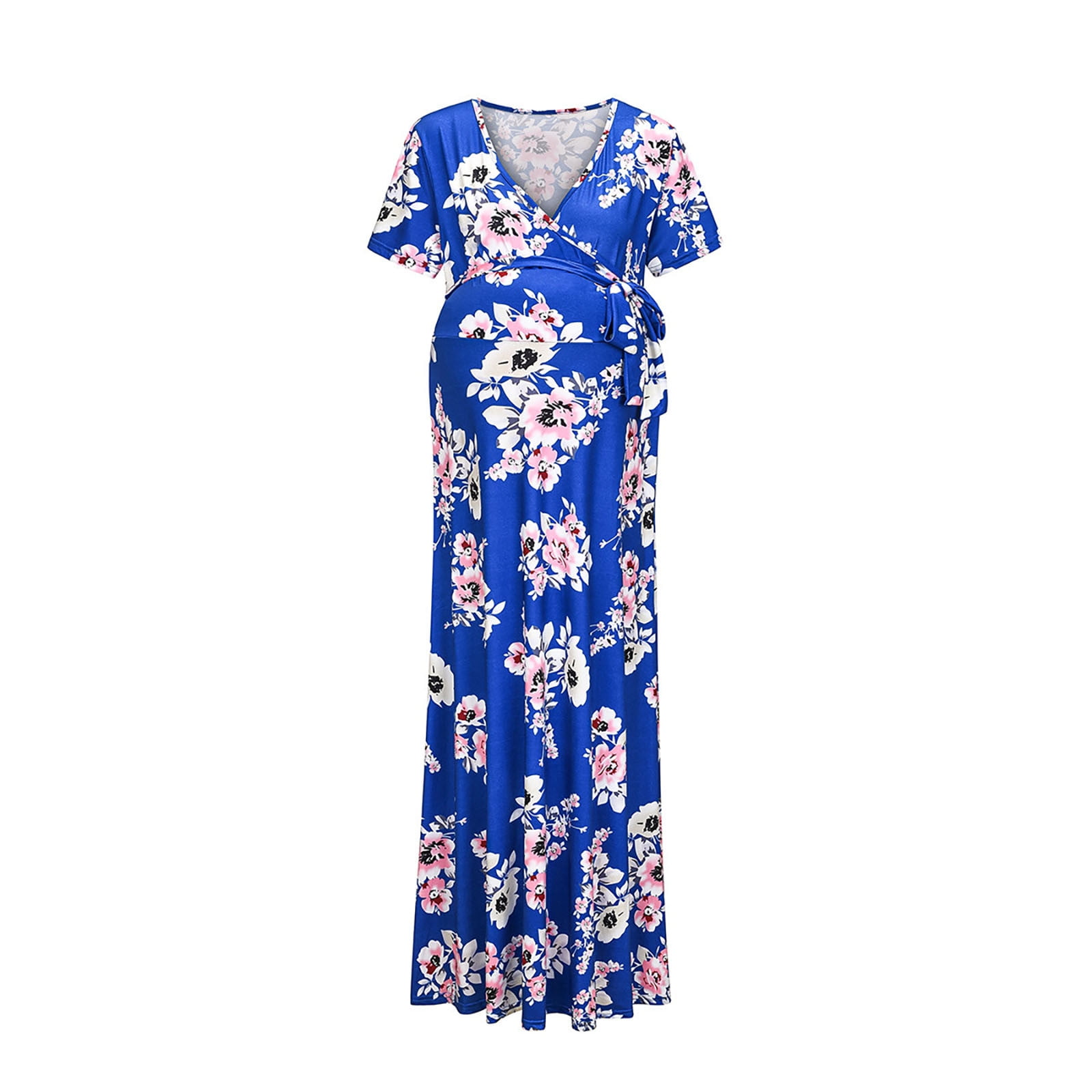 Women's Floral Printed Maternity Dress 2024 Summer Wrap V Neck Short Sleeve Maxi Dresses