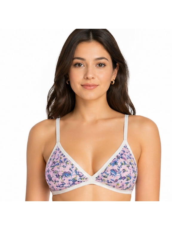 Womens Floral Printed Non Padded Wirefree Cotton Blend Bra with Adjustable Straps for Everyday Comfort, Size 40