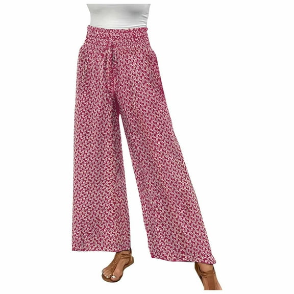 Women's Floral Printed Palazzo Lounge Pants Elasticated High-Waisted Drawstring Wide-Leg Trousers with Pockets