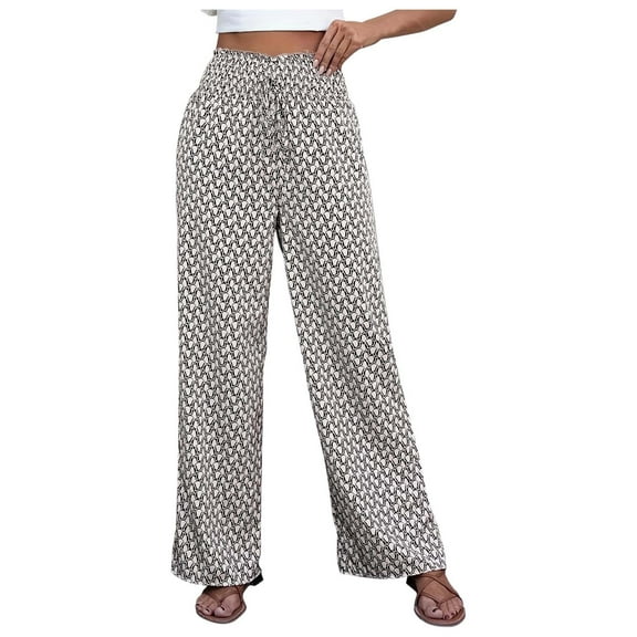 Women's Floral Printed Palazzo Lounge Pants Elasticated High-Waisted Drawstring Wide-Leg Trousers with Pockets