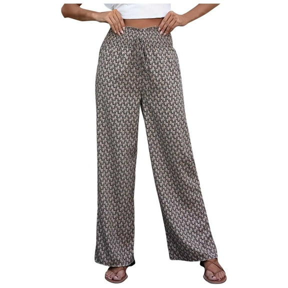 Women's Floral Printed Palazzo Lounge Pants Elasticated High-Waisted Drawstring Wide-Leg Trousers with Pockets