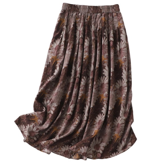 Women's Floral Printed Pleated Skirt Elastic Waist A-Line Flowy Midi Length Skirt