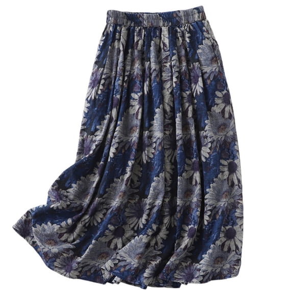Women's Floral Printed Pleated Skirt Elastic Waist A-Line Flowy Midi Length Skirt