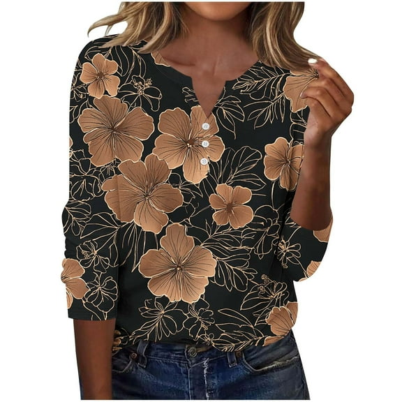 Women's Floral Printed Shirts Casual V-Neck Pullover Loose Fit Long Sleeve Tops with Contrast Red Black Pattern Trendy Button Up Blouses for 2025 Autumn Daily Wear & Casual Clothes