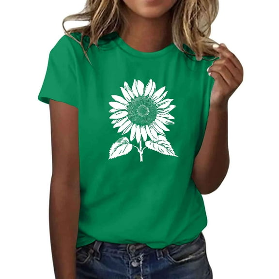 Women's Floral Printed Shirts Crew Neck Short Sleeve Flower Graphic Basic Tee Casual Tops Comfy Clothes (L, Green 5)