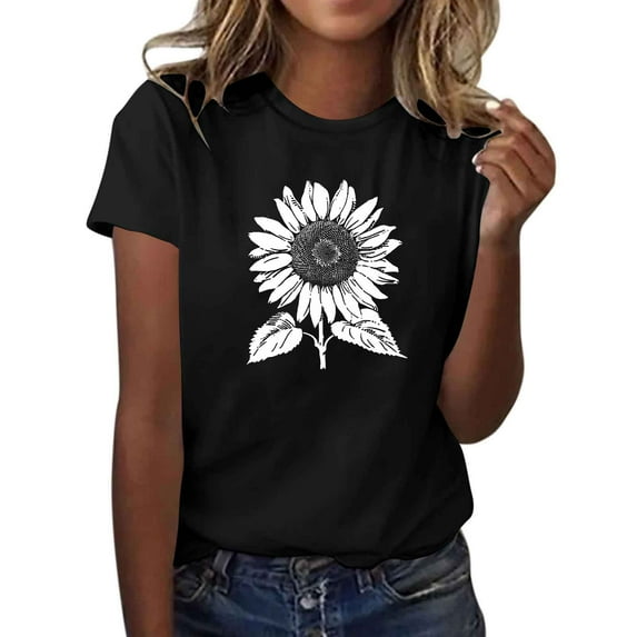 Women's Floral Printed Shirts Crew Neck Short Sleeve Flower Graphic Basic Tee Casual Tops Comfy Clothes (S, Black 5)