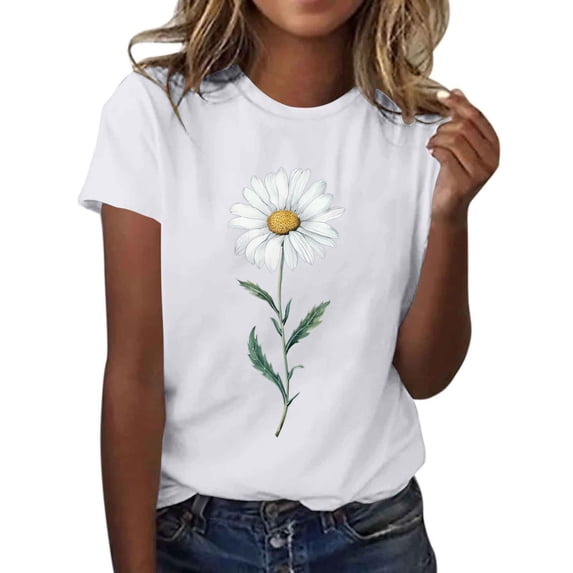 Women's Floral Printed Shirts Crew Neck Short Sleeve Flower Graphic Basic Tee Casual Tops Comfy Clothes (XL, White 7)