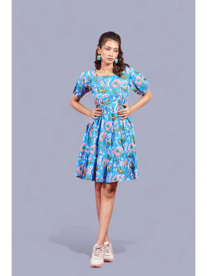 Women's Floral Printed Short Sleeve Babydoll Dress - Bright Blue and Pink -  Walmart.com