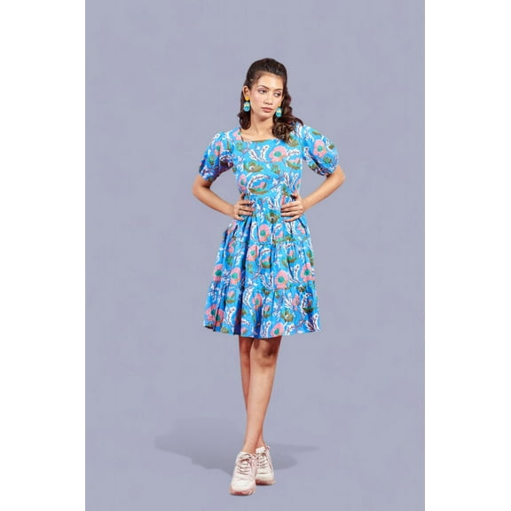 Women's Floral Printed Short Sleeve Babydoll Dress - Bright Blue and Pink