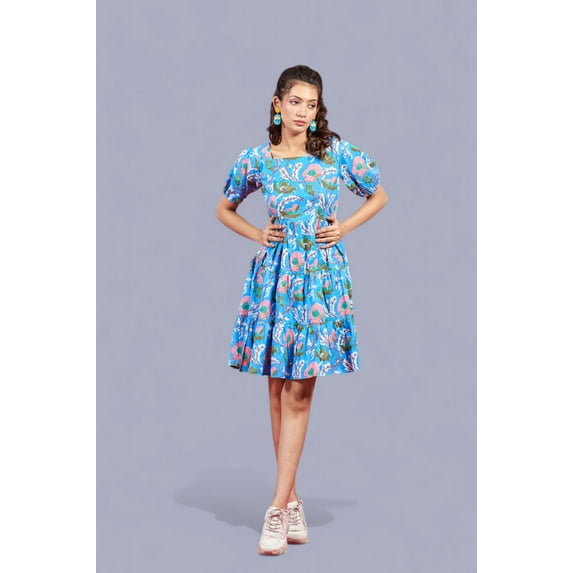 Women's Floral Printed Short Sleeve Babydoll Dress - Bright Blue and Pink