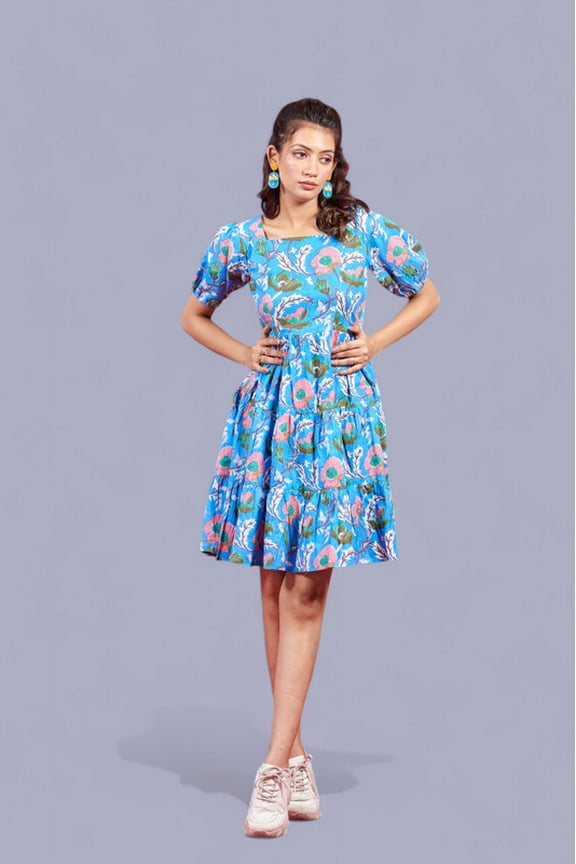 Women's Floral Printed Short Sleeve Babydoll Dress - Bright Blue and Pink