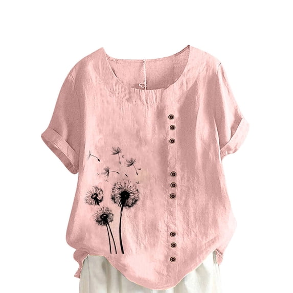 Women's Floral Printed Tops Crew Neck Botton Short Sleeve Plus Size Shirts 2026 Summer Fashion Casual Blouses (4XL, Pink)