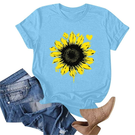 Women's Floral Printed Tops Crew Neck Short Sleeve Sunflower Graphic Tees Summer Loose Fit Casual T-Shirts (2XL, Sky Blue)