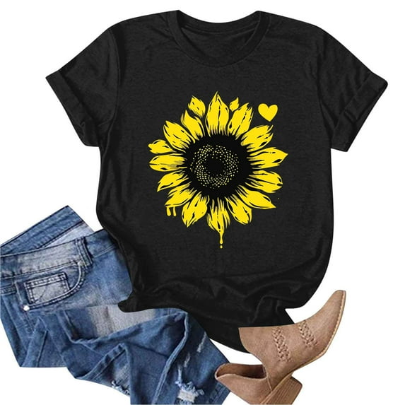 Women's Floral Printed Tops Crew Neck Short Sleeve Sunflower Graphic Tees Summer Loose Fit Casual T-Shirts (3XL, Black 02)