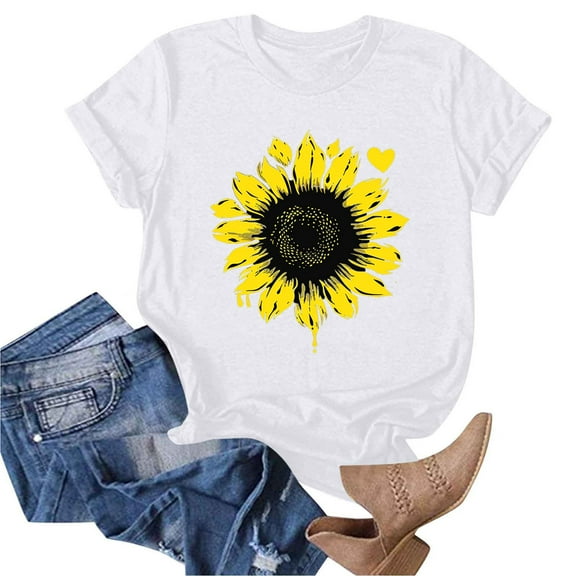 Women's Floral Printed Tops Crew Neck Short Sleeve Sunflower Graphic Tees Summer Loose Fit Casual T-Shirts (3XL, White 02)
