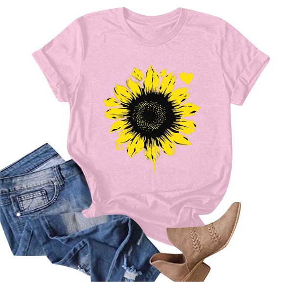Women's Floral Printed Tops Crew Neck Short Sleeve Sunflower Graphic Tees Summer Loose Fit Casual T-Shirts (L, Pink 02)