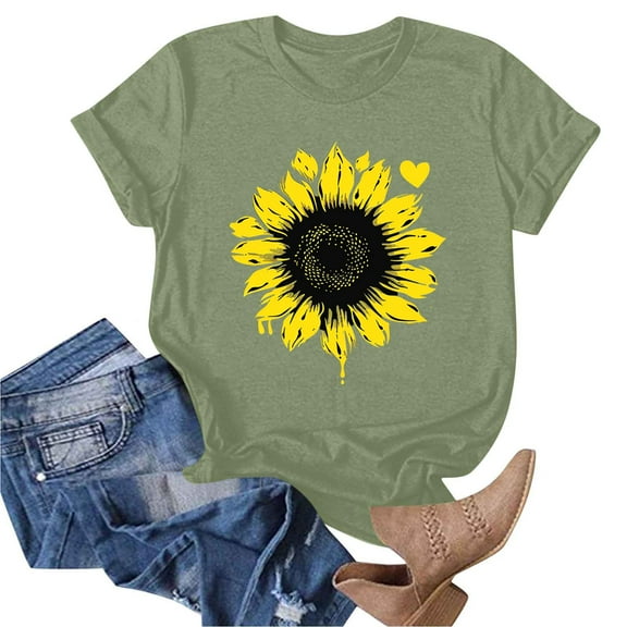 Women's Floral Printed Tops Crew Neck Short Sleeve Sunflower Graphic Tees Summer Loose Fit Casual T-Shirts (M, Army Green 01)