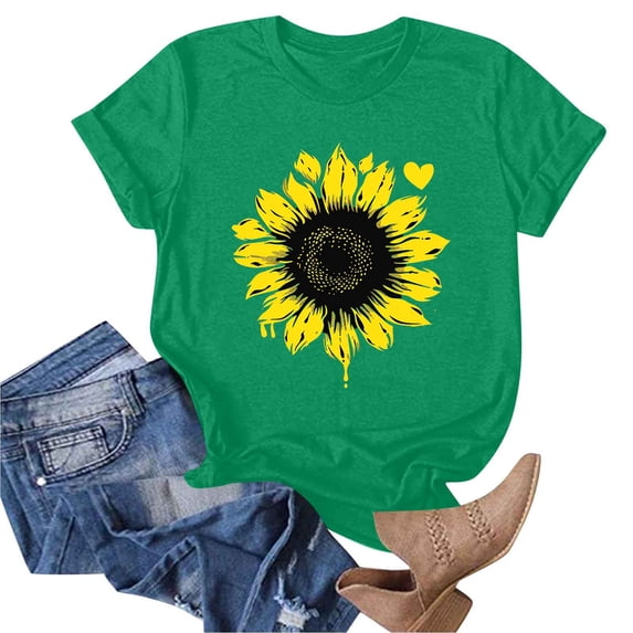 Women's Floral Printed Tops Crew Neck Short Sleeve Sunflower Graphic Tees Summer Loose Fit Casual T-Shirts (S, Green 03)
