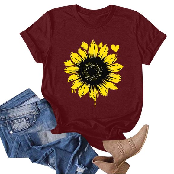 Women's Floral Printed Tops Crew Neck Short Sleeve Sunflower Graphic Tees Summer Loose Fit Casual T-Shirts (XL, Wine 01)