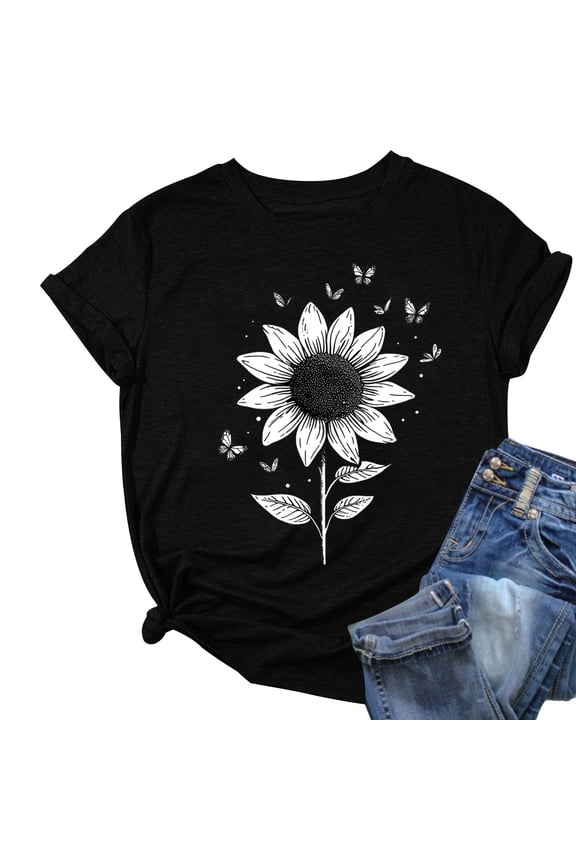 Women's Floral Printed Tops Crewneck Short Sleeve Summer Cotton Tshirts Loose Fit T Shirts Plus Size S-3X Casual Tees (2XL, Black 01)