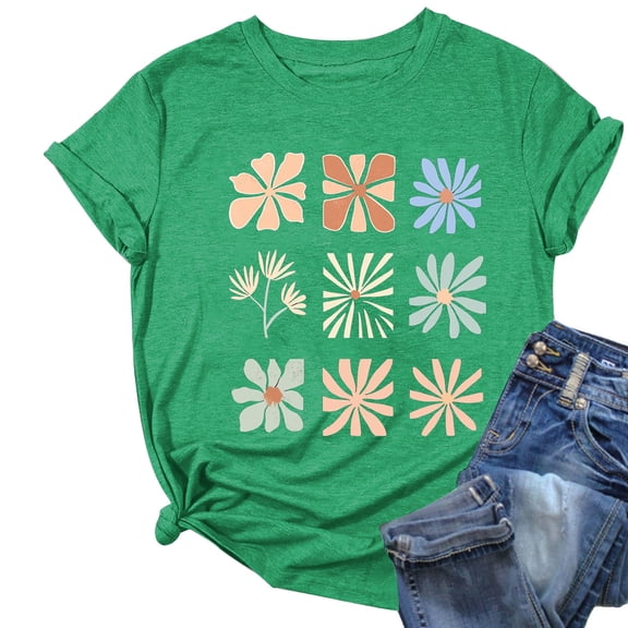 Women's Floral Printed Tops Crewneck Short Sleeve Summer Cotton Tshirts Loose Fit T Shirts Plus Size S-3X Casual Tees (2XL, Green)
