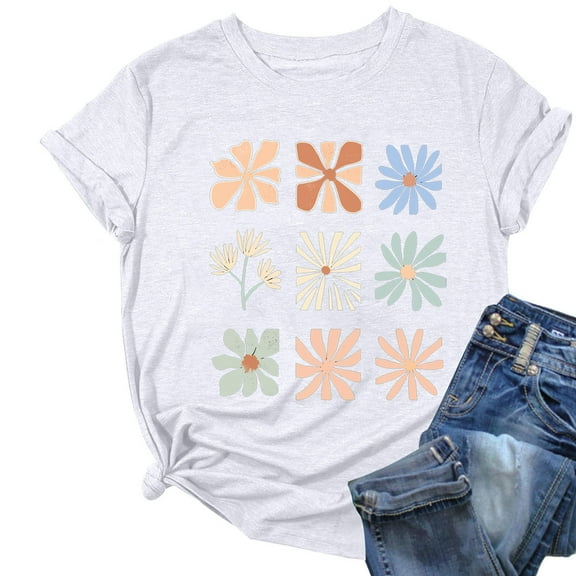 Women's Floral Printed Tops Crewneck Short Sleeve Summer Cotton Tshirts Loose Fit T Shirts Plus Size S-3X Casual Tees (2XL, White)