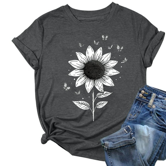 Women's Floral Printed Tops Crewneck Short Sleeve Summer Cotton Tshirts Loose Fit T Shirts Plus Size S-3X Casual Tees (3XL, Gray 01)