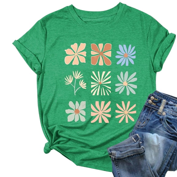 Women's Floral Printed Tops Crewneck Short Sleeve Summer Cotton Tshirts Loose Fit T Shirts Plus Size S-3X Casual Tees (M, Green)