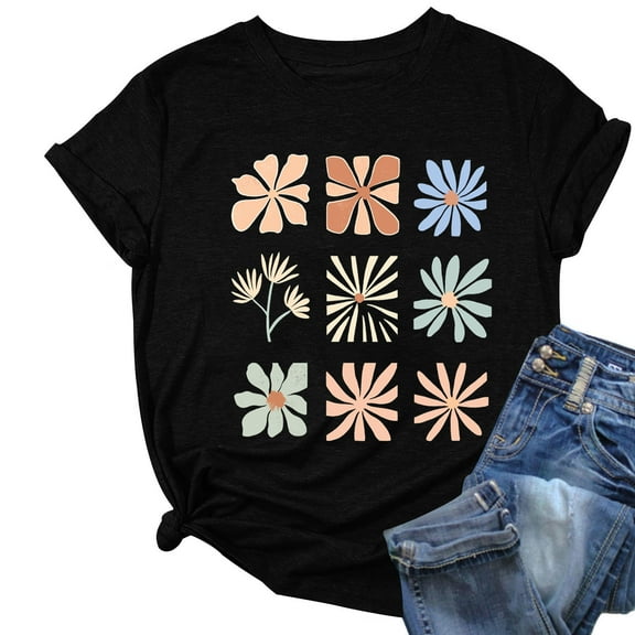 Women's Floral Printed Tops Crewneck Short Sleeve Summer Cotton Tshirts Loose Fit T Shirts Plus Size S-3X Casual Tees (XL, Black)