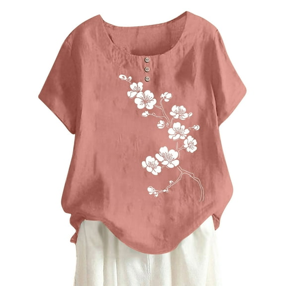 Women's Floral Printed Tops Plus Size Crew Neck Botton Short Sleeve Shirts 2025 Summer Fashion Casual Blouses (XL, Pink)