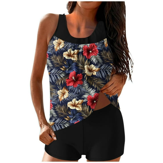 Women's Floral Printed Tummy Control Tankini Set - Flowy Blouson Top & Boyshorts, Vintage Modest Two Piece Swimwear