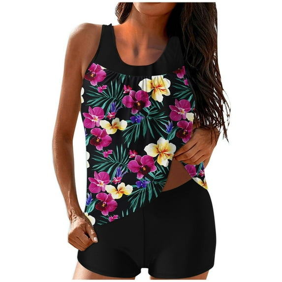 Women's Floral Printed Tummy Control Tankini Set - Flowy Blouson Top & Boyshorts, Vintage Modest Two Piece Swimwear