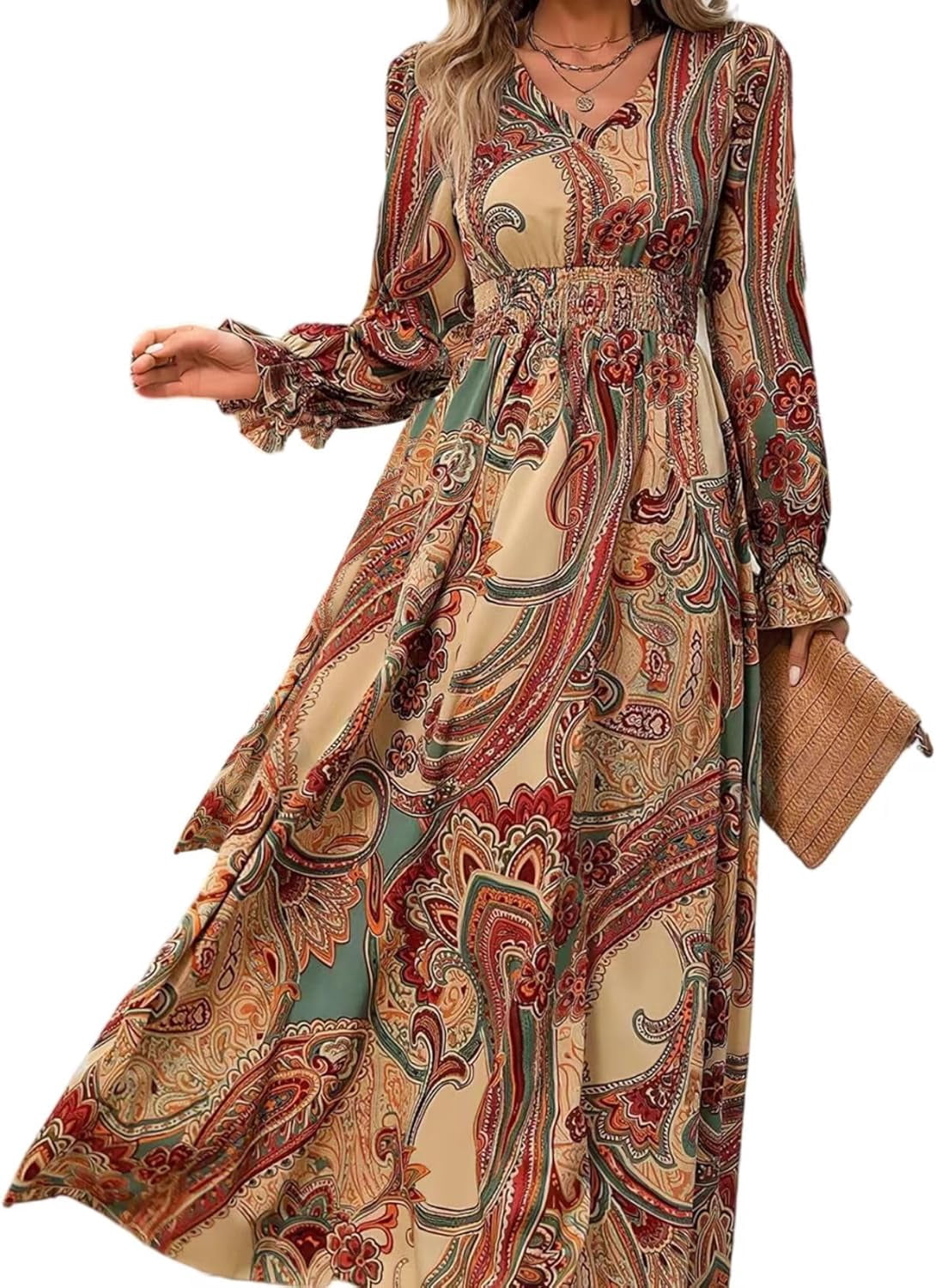 ZANKLEY Women's Floral Printed V Neck Long Sleeve Smocked Waist Maxi Dress for Autumn Winter, Size: XL
