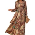 thumbnail image 1 of Women's Floral Printed V Neck Long Sleeve Smocked Waist Maxi Dress for Autumn Winter, 1 of 11