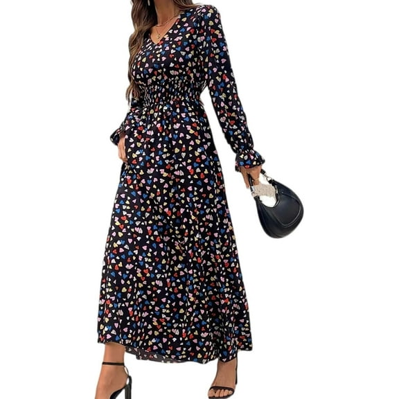 Women's Floral Printed V Neck Long Sleeve Smocked Waist Maxi Dress for Autumn Winter