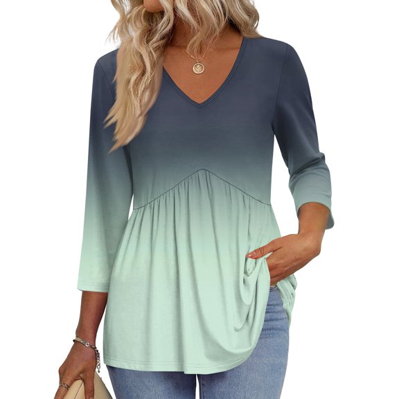 Women's Floral Printed V-neck Pullover T-shirt Top with Gradient Floral Print, Fashion Comfort Fit Casual Wear for Daily Use and Outdoor Activities,Green,S