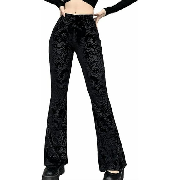 Women's Floral Printed Velvet Flare Pants High Waisted Casual Gothic Steampunk Bell Bottom Legging Trousers