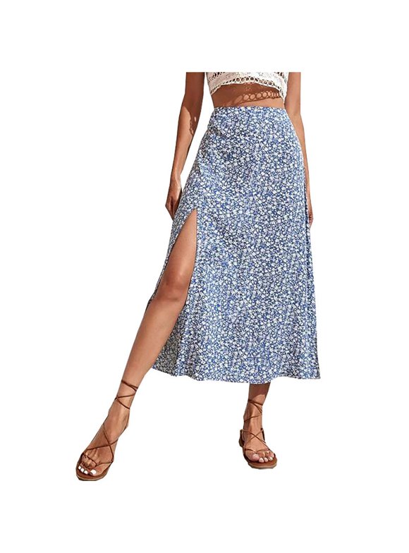 Women's Floral Printing Slit Wrap Asymmetrical Elastic High Waist Draped Skirt Beach Wrap Cover Up Maxi Skirt Wyongtao Clearance Under $10.00