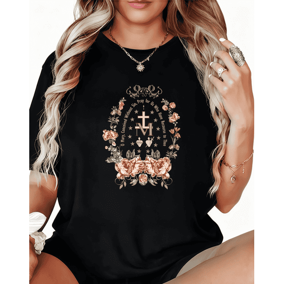 Women's Floral Religious T Shirt Casual Top Elegant Faith Graphic Comfortable Short Sleeve Round Neck Black S-5XL