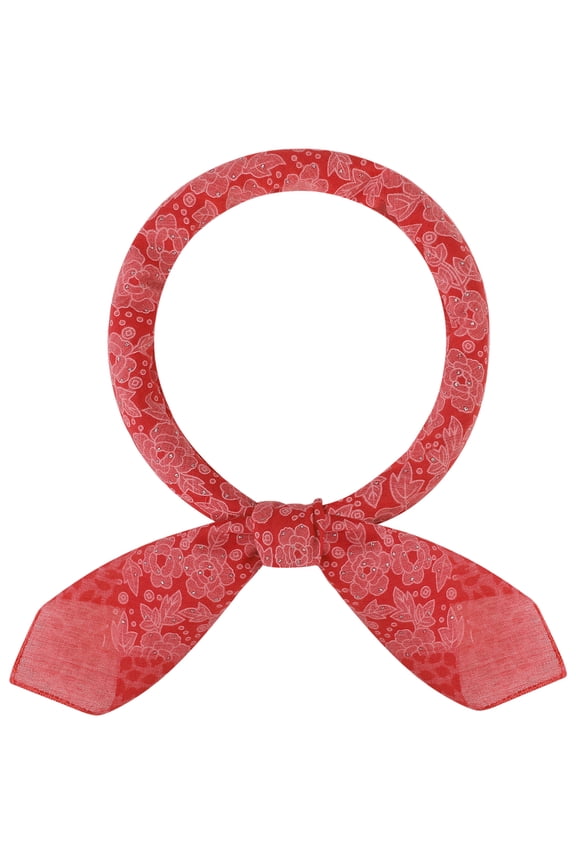 Women's Floral Rhinestone Retro Scarf, 27.6'' Square Cotton Print Pattern Neckerchief Head Wrap for Party Gift One Size Deep red