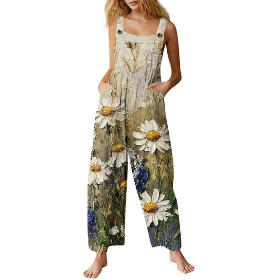 Women's Floral Romper - Summer Casual Sleeveless Cotton Overalls with Pockets & Adjustable Straps ,Green,S