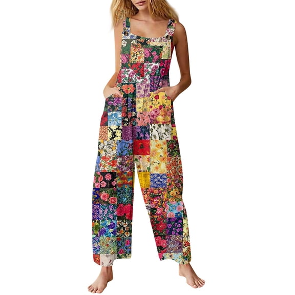 Women's Floral Romper - Summer Casual Sleeveless Cotton Overalls with Pockets & Adjustable Straps ,Hot Pink,