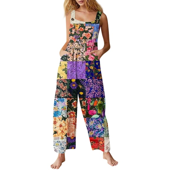 Women's Floral Romper - Summer Casual Sleeveless Cotton Overalls with Pockets & Adjustable Straps ,Purple,XL