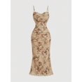 thumbnail image 1 of Women's Floral Ruched Bodycon Cami Midi Dress, Spring Summer Elegant Vacation Party Dress, 1 of 4