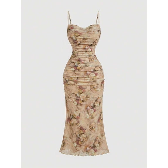 Women's Floral Ruched Bodycon Cami Midi Dress, Spring Summer Elegant Vacation Party Dress