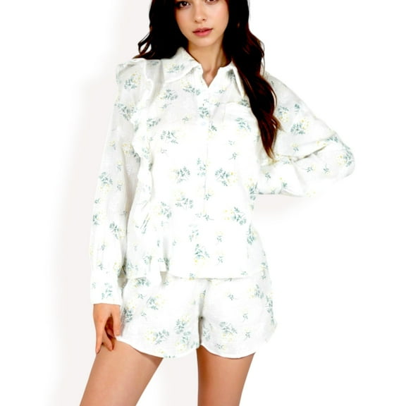 Women's Floral Ruffled Button-Down Shirt and Shorts Set - Medium, White