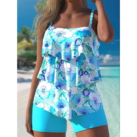 Women's Floral Ruffled Tiered Tankini Top & Solid Shorts Bottom 2-Piece Set
