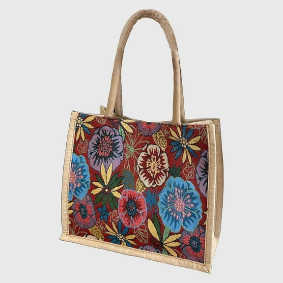 Women's Floral Sackcloth Tote Bag - Lightweight Handbag - Style A